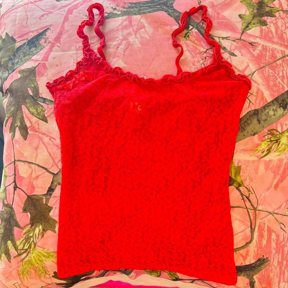 aritzia wilfred red lace mesh sheer camisole tank top